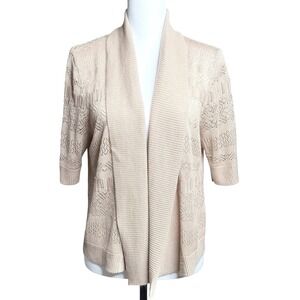 Linda Matthews New York Open Front Pointelle Knit Cardigan Tan Womens Large